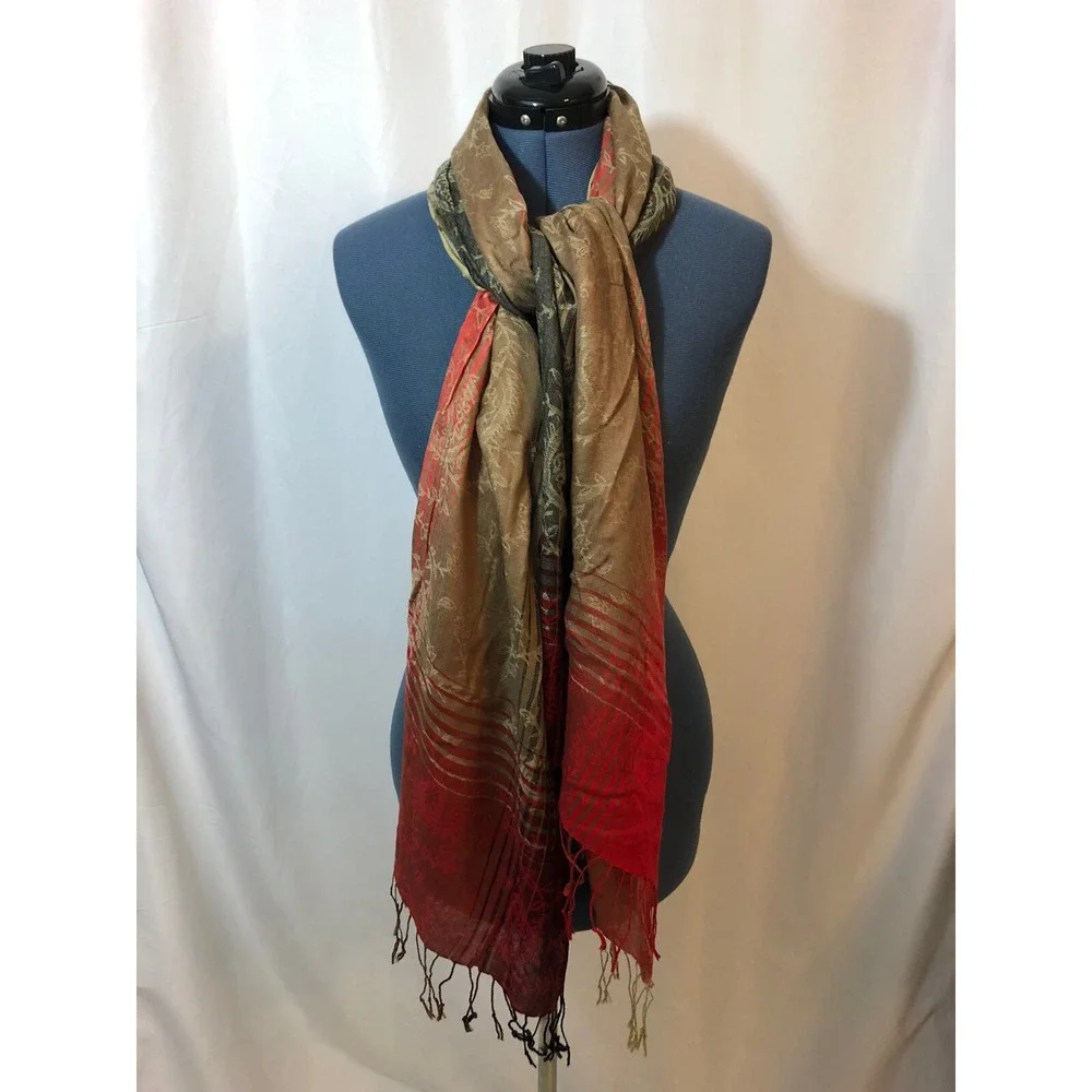 Chinar Red Beige Gold Paisley Striped Silk Blend Fringed Pashmina Scarf Wrap